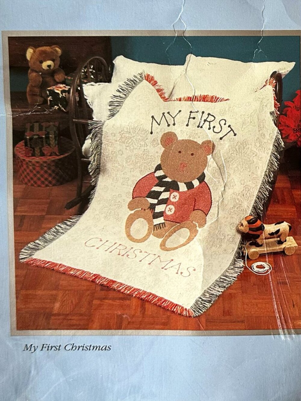 Vintage 1995 My First Christmas Baby Blanket Cotton Jacquard 36x48 USA NWT